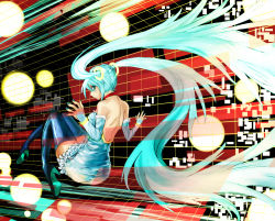 Rule 34 | 1girl, back, backless outfit, bare back, bare shoulders, boots, detached sleeves, dress, eiji (eiji), floating, hatsune miku, long hair, solo, thigh boots, thighhighs, very long hair, vocaloid