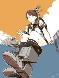 Rule 34 | 10s, 1girl, :o, arm support, backpack, bag, belt, black legwear, boots, brown hair, cloud, foreshortening, from below, kantai collection, looking at viewer, looking down, machinery, open mouth, ponytail, school uniform, serafuku, shikinami (kancolle), shoe soles, short sleeves, simple background, sitting, solo, tanaka hirotaka, v