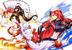 Rule 34 | 2girls, black gloves, blonde hair, breasts, cammy white, crossover, fighting stance, fingerless gloves, gloves, hand fan, high ponytail, highres, holding, holding fan, hood, hooded jacket, jacket, japanese clothes, kimono, midriff, multiple girls, open clothes, open jacket, red hood, red jacket, red kimono, revealing clothes, rodrigo yoshimiya, shiranui mai, smile, street fighter, street fighter 6, the king of fighters, thighs