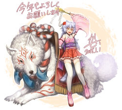 Rule 34 | 1girl, 2018, animal ears, detached sleeves, flower, h kasei, hair flower, hair ornament, highres, japanese clothes, long hair, nengajou, new year, open mouth, original, solo, tail, thighhighs, white hair, wolf, wolf ears, wolf tail, yellow eyes