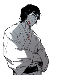 Rule 34 | 1boy, blood, blood on clothes, blood on face, fushiguro touji, greyscale, japanese clothes, jj59u, jujutsu kaisen, kimono, long sleeves, male focus, monochrome, obi, parted lips, sash, scar, scar on face, scar on mouth, short hair, solo, spot color, upper body