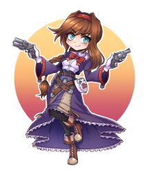 Rule 34 | 1girl, braid, brown hair, coat, commentary, dojipan, dress, english commentary, full body, gloves, gun, headband, highres, long hair, purple dress, red headband, ribbon, sidelocks, simple background, solo, virginia maxwell, weapon, white gloves, wild arms, wild arms 3