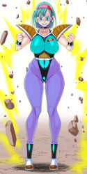 Rule 34 | 1girl, armor, artist request, aura, blue-tinted eyewear, blue eyes, blue hair, body switch, boots, breasts, bulma, cameltoe, captain ginyu, choker, cleavage, collarbone, curvy, dragon ball, dragonball z, earrings, evil grin, evil smile, female focus, full body, ginyu force, grey background, grin, hairband, highleg, highleg leotard, highres, jewelry, kinokoallstars, large breasts, leotard, looking at viewer, personality switch, power-up, powering up, purple legwear, scouter, sharp teeth, short hair, sleeveless, smile, solo, tagme, teeth, thighs, tinted eyewear, white background