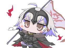 Rule 34 | 1girl, ahoge, armor, black armor, black cape, blush stickers, boots, cape, chibi, commentary request, fate/grand order, fate (series), flag, fur trim, gloves, hair between eyes, headpiece, holding, holding flag, jeanne d&#039;arc (fate), jeanne d&#039;arc alter (avenger) (fate), jeanne d&#039;arc alter (fate), sako (bosscoffee), solo, standing, white background, white hair, yellow eyes