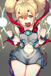 Rule 34 | 1girl, blonde hair, blush, dress, electra (xenoblade), electricity, full body, horns, long hair, looking at viewer, navel, negresco, nintendo, open mouth, pointy ears, short hair, simple background, smile, solo, white background, xenoblade chronicles (series), xenoblade chronicles 2