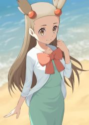 Rule 34 | 1girl, beach, bow, bowtie, brown eyes, creatures (company), dress, fagi (kakikaki), game freak, gym leader, hair ornament, jasmine (pokemon), light brown hair, long hair, long sleeves, looking at viewer, nintendo, open clothes, outdoors, pokemon, pokemon hgss, red bow, short twintails, smile, solo, twintails, two side up, water