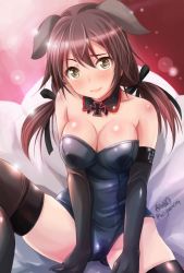 Rule 34 | 1girl, animal ears, artist name, black gloves, black leotard, black ribbon, black thighhighs, breasts, brown eyes, brown hair, cleavage, closed mouth, cross, detached collar, dog ears, elbow gloves, gertrud barkhorn, gloves, hair ribbon, haruhata mutsuki, iron cross, lens flare, leotard, long hair, looking at viewer, medium breasts, nontraditional playboy bunny, playboy bunny, ribbon, signature, sitting, skindentation, smile, solo, strapless, strapless leotard, strike witches, thighhighs, twintails, twitter username, v arms, world witches series