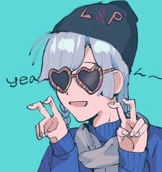 Rule 34 | 1girl, aqua background, beanie, blue sweater, braid, commentary request, english text, grey scarf, hat, heart, heart-shaped eyewear, open mouth, original, orniflop, portrait, scarf, short hair, smile, solo, sunglasses, sweater, white hair