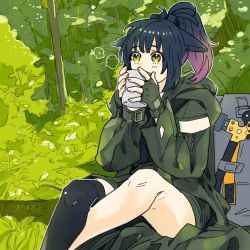 Rule 34 | 1girl, arknights, asymmetrical legwear, axe, backpack, bag, black thighhighs, blue hair, cup, drinking, fingerless gloves, forest, gloves, gradient hair, green eyes, green gloves, green jacket, highres, holding, holding cup, jacket, jessica (arknights), jessica (ash) (arknights), mismatched legwear, mug, multicolored hair, nature, official alternate costume, outdoors, pink hair, ponytail, single thighhigh, sitting, solo, thighhighs, yonezou (kazuki)