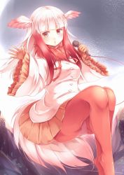 Rule 34 | 10s, 1girl, bird tail, blunt bangs, frilled sleeves, frills, gloves, head wings, highres, holding, holding microphone, japanese crested ibis (kemono friends), kanzakietc, kemono friends, long sleeves, looking at viewer, medium hair, microphone, miniskirt, multicolored hair, orange skirt, pantyhose, pleated skirt, red pantyhose, shirt, silver hair, sitting, skirt, solo, tail, two-tone hair, white shirt, wide sleeves, wings, yellow eyes