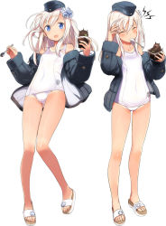 Rule 34 | 1girl, blue eyes, brain freeze, food, full body, garrison cap, hair ribbon, hand on own head, hat, ice cream, jacket, kantai collection, military, military jacket, military uniform, official art, one-piece swimsuit, one-piece tan, ribbon, sandals, school swimsuit, shimada fumikane, silver hair, simple background, standing, swimsuit, swimsuit under clothes, tan, tanline, u-511 (kancolle), uniform, white one-piece swimsuit, white school swimsuit