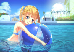 Rule 34 | 1girl, :d, akino komichi, bad id, bad pixiv id, ball, beachball, bikini, blonde hair, blue eyes, blush, day, holding, looking at viewer, open mouth, original, partially submerged, smile, solo, swimsuit, translation request, twintails, water