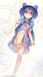 Rule 34 | 10s, 1girl, animal hat, aoyama kotoha (mitsuboshi colors), bag, barefoot, blue hair, blush, brown eyes, cat hat, closed mouth, crime prevention buzzer, dress, dutch angle, feet, foot focus, foreshortening, handheld game console, hat, holding, leg up, long hair, looking at viewer, mitsuboshi colors, observerz, partially colored, purple dress, shaded face, shoes, short sleeves, smile, soles, solo, standing, standing on one leg, toes, white background