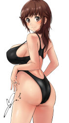 Rule 34 | 1girl, amagami, ass, black one-piece swimsuit, breasts, brown eyes, brown hair, commission, competition swimsuit, highres, large breasts, looking at viewer, looking back, one-piece swimsuit, pixiv commission, sakurai rihoko, sideboob, smile, solo, swimsuit, white background, yoo tenchi