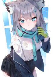 Rule 34 | 1girl, animal ears, black skirt, blue archive, blue eyes, blue necktie, blue scarf, blush, breast pocket, commentary, cowboy shot, gloves, green gloves, grey hair, hair between eyes, highres, jacket, jacket partially removed, medium hair, necktie, parted lips, plaid, plaid skirt, pocket, racket ti1, scarf, shiroko (blue archive), shirt, skirt, solo, sweaty clothes, white shirt, wolf ears