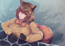 Rule 34 | 1girl, alternate breast size, animal ears, arm rest, belt, blackmoon, bow, bowtie, breasts, brown eyes, brown hair, capybara (kemono friends), capybara ears, closed mouth, dated, extra ears, gloves, hair between eyes, highres, huge breasts, kemono friends, leaning forward, lips, long sleeves, looking at viewer, medium hair, onsen, partially submerged, shirt, shorts, sidelocks, signature, solo, steam, suspender shorts, suspenders, water, wet, wet clothes, wet face, wet hair