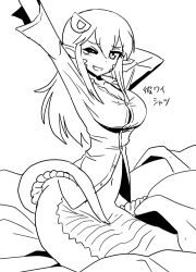 Rule 34 | 10s, 1girl, breasts, covering privates, covering crotch, cowboy shot, duplicate, fang, female focus, greyscale, hair between eyes, hair ornament, hairclip, lamia, large breasts, long hair, miia (monster musume), monochrome, monster girl, monster musume no iru nichijou, navel, one eye closed, pointy ears, scales, shake-o, simple background, sketch, solo, tail censor, waking up, white background