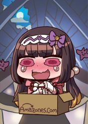 Rule 34 | 1girl, amazon (company), april fools, blunt bangs, blush, box, brand name imitation, brown hair, chibi, fate/grand order, fate (series), floating, full moon, hair bobbles, hair ornament, hairband, in box, in container, long hair, moon, official art, open mouth, osakabehime (fate), pink eyes, riyo (lyomsnpmp), rooftop, smiley face, tearing up