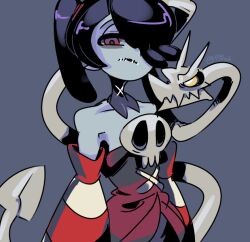 Rule 34 | 1girl, 770mk, blue background, blue hair, blue skin, colored skin, detached collar, detached sleeves, frown, hair over one eye, looking at viewer, red eyes, skullgirls, solo, squigly (skullgirls), squinting, stitched mouth, stitches, zombie