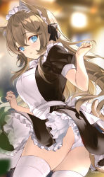Rule 34 | 1girl, animal ear fluff, animal ears, blonde hair, blue eyes, blurry, blurry background, blush, cat ears, cat tail, emily (pure dream), from behind, hair between eyes, highres, long hair, looking at viewer, maid, maid headdress, original, panties, petticoat, puffy short sleeves, puffy sleeves, short sleeves, solo, tail, thighhighs, underwear, upskirt, white panties, white thighhighs