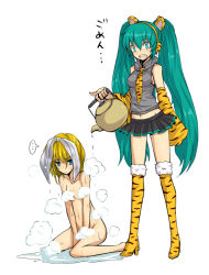 Rule 34 | 00s, 2girls, animal print, barefoot, censored, convenient censoring, detached sleeves, hatsune miku, kagamine rin, kara (color), long hair, multiple girls, necktie, nude, parody, ranma 1/2, simple background, standing, steam, thighhighs, tiger print, translated, twintails, very long hair, vocaloid, wet, white background, zettai ryouiki