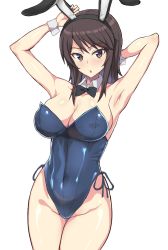 Rule 34 | 1girl, :o, animal ears, arm behind head, arms up, black bow, black bowtie, blue leotard, blush, bow, bowtie, breasts, brown eyes, brown hair, cleavage, collar, commentary, covered navel, cowboy shot, detached collar, dutch angle, fake animal ears, girls und panzer, hand on headwear, highleg, highleg leotard, highres, large breasts, leotard, long hair, looking at viewer, mika (girls und panzer), mordeth, open mouth, playboy bunny, rabbit ears, side-tie leotard, simple background, solo, standing, white background, white collar, wing collar, wrist cuffs