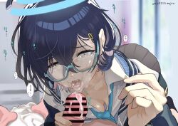 Rule 34 | 1boy, 1girl, after fellatio, bar censor, blue archive, blue hair, blue necktie, censored, chihiro (blue archive), cum, cum in mouth, cum on penis, cum on tongue, dated, glasses, halo, handjob, hetero, highres, long sleeves, looking at viewer, mazarimon, necktie, open mouth, penis, pov, semi-rimless eyewear, shirt, short hair, solo focus, tearing up, tongue, tongue out, white shirt