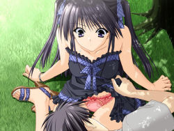 Rule 34 | 1boy, 1girl, bare shoulders, black hair, bow, bow panties, breasts, clothes lift, collarbone, day, dress, dress lift, facing viewer, fingernails, frilled dress, frills, from above, game cg, grass, hair ribbon, high heels, long hair, looking at another, looking down, medium breasts, nature, on lap, panties, parted lips, purple eyes, red panties, ribbon, sandals, shoes, sitting, solo focus, suzuhira hiro, thigh gap, toes, twintails, underwear, yokozuwari