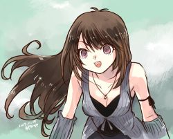 Rule 34 | 1girl, arm warmers, black hair, breasts, brown eyes, dated, final fantasy, final fantasy viii, jewelry, long hair, looking at viewer, necklace, open mouth, peso kongari, rinoa heartilly, sleeveless duster, smile, solo, twitter username
