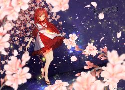 Rule 34 | 1girl, bad id, bad pixiv id, blush, cherry blossoms, kosanmaka, long hair, looking away, original, petals, puffy short sleeves, puffy sleeves, red eyes, red hair, sandals, short sleeves, signature, sky, smile, solo, star (sky), starry sky