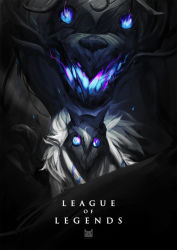 Rule 34 | 1girl, aura, blue fire, dark background, fangs, fire, furry, glowing, glowing eyes, highres, kindred (league of legends), lamb (league of legends), league of legends, looking at viewer, mask, monochrome, monster, spot color, wacalac, wolf (league of legends)