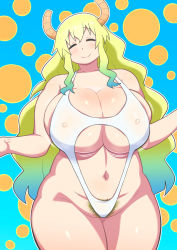 Rule 34 | 1girl, bare arms, bare legs, bare shoulders, blush, bouncing breasts, breasts, closed eyes, collarbone, covered erect nipples, cowboy shot, curvy, groin, happy, highres, horns, huge breasts, impossible clothes, kobayashi-san chi no maidragon, legs, long hair, lucoa (maidragon), motion lines, multicolored hair, navel, one-piece swimsuit, plump, pubic hair, simple background, smile, standing, swimsuit, tetrodotoxin, thick thighs, thighs, white one-piece swimsuit
