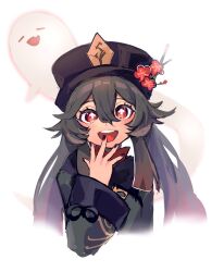Rule 34 | 1girl, black headwear, blush, boo tao (genshin impact), brown hair, flower, flower-shaped pupils, genshin impact, ghost, hair between eyes, hair flower, hair ornament, hand to own mouth, hat, hat flower, highres, hu tao (genshin impact), long hair, long sleeves, looking at viewer, low twintails, multicolored hair, nail polish, open mouth, oshi taberu, red eyes, red flower, red hair, simple background, symbol-shaped pupils, twintails, upper body, white background
