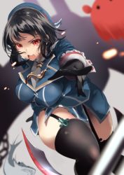 Rule 34 | 1girl, beret, black gloves, black hair, black thighhighs, blue hat, blurry, breasts, commentary request, creature, depth of field, endou (zettai bluenoid), garter straps, gloves, hat, highres, kantai collection, large breasts, military, military uniform, miniskirt, open mouth, red eyes, round teeth, rudder footwear, short hair, skirt, solo, takao (kancolle), teeth, thick thighs, thighhighs, thighs, uniform, upper teeth only