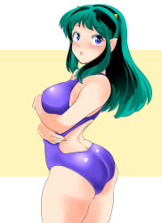 Rule 34 | 1girl, absurdres, ass, blue eyes, blush stickers, breasts, commentary request, competition swimsuit, cone horns, cowboy shot, crossed arms, green hair, highres, horns, long hair, looking at viewer, lum, medium breasts, nanao futaba, one-piece swimsuit, pointy ears, purple one-piece swimsuit, solo, swimsuit, urusei yatsura