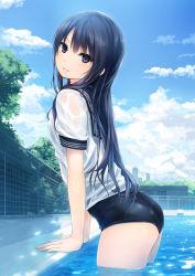 Rule 34 | 1girl, arm support, ass, black hair, blue sky, breasts, cloud, cloudy sky, coffee-kizoku, day, from side, highres, leaning forward, light smile, long hair, looking at viewer, new school swimsuit, one-piece swimsuit, original, outdoors, parted lips, poolside, purple eyes, sailor collar, sailor shirt, school swimsuit, see-through, shiramine rika, shirt, sky, small breasts, solo, swimsuit, swimsuit under clothes, wading, wet, wet clothes, wet shirt