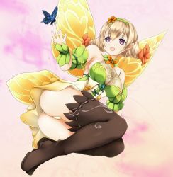 Rule 34 | 1girl, ashita yaru, bare shoulders, blonde hair, boots, breasts, brown footwear, bug, butterfly, commentary request, detached sleeves, dress, fire emblem, fire emblem heroes, green hairband, hairband, hand up, insect, large breasts, nintendo, open mouth, panties, peony (fire emblem), pink background, purple eyes, short dress, short hair, sleeveless, sleeveless dress, solo, thigh boots, thighs, underwear, white panties, wings