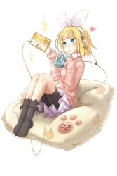 Rule 34 | 1girl, absurdres, akino coto, blonde hair, blue eyes, cup, digital media player, drinking straw, full body, hair ribbon, hatsune miku, headphones, heart, highres, kagamine rin, md5 mismatch, mug, resolution mismatch, ribbon, short hair, shorts, shorts under skirt, simple background, sitting, skirt, sleeves past wrists, socks, solo, source smaller, transparent background, vocaloid