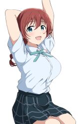 1girl :d absurdres arms_up blue_eyes blue_shirt blush breasts brown_hair collared_shirt cowboy_shot dress_shirt emma_verde freckles green_ribbon grey_skirt hair_between_eyes highres large_breasts long_hair looking_at_viewer love_live! love_live!_nijigasaki_high_school_idol_club low-braided_long_hair low-tied_long_hair medium_hair miniskirt neck_ribbon nijigasaki_school_uniform official_style open_mouth plaid_clothes plaid_skirt pleated_skirt ribbon school_uniform shirt short_sleeves simple_background sitting skirt smile solo summer_uniform uchuu_no_mozuku white_background