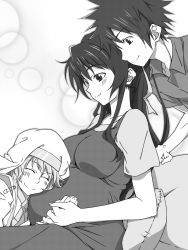 Rule 34 | 1boy, 2girls, breasts, greyscale, habit, holding hands, happy, if they mated, impossible clothes, index (toaru majutsu no index), kamijou touma, kanzaki kaori, large breasts, long hair, monochrome, multiple girls, nun, ponytail, pregnant, short hair, spiked hair, toaru majutsu no index, touryou