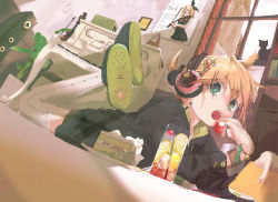 Rule 34 | 1boy, aqua eyes, blonde hair, brother and sister, cameo, cat, dring, drink, dutch angle, glass, hair ornament, hairclip, headphones, hekicha, indoors, instrument, kagamine len, kagamine rin, kneehighs, looking at viewer, lying, male focus, on stomach, open mouth, piano, poster (medium), poster (object), short hair, siblings, socks, solo, speaker, twins, upright piano, violin, vocaloid