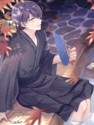 Rule 34 | 1boy, arm support, ashiyu, autumn leaves, black sash, blurry, blurry background, blurry foreground, bucket, cobblestone, collarbone, commentary request, dappled sunlight, falling leaves, feet out of frame, green eyes, grey kimono, hair between eyes, hand fan, hand up, highres, holding, holding fan, japanese clothes, kenmochi touya, kimono, lantern, leaf, light blush, light smile, looking at viewer, male focus, maple leaf, medium hair, nijisanji, outdoors, paper fan, parted lips, purple hair, rock, sash, shadow, sideways glance, signature, sitting, sleeves past elbows, snowlight candy, solo, striped clothes, striped kimono, sunlight, tree shade, vertical-striped clothes, vertical-striped kimono, virtual youtuber, wading, water, wide sleeves, wooden bucket, yukata