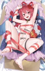 Rule 34 | 1girl, absurdres, armpits, arms up, black choker, box, breasts, cardboard box, choker, commission, feet, flower, goback, hair flower, hair ornament, hair ribbon, happy birthday, highres, in box, in container, legs up, looking at viewer, medium breasts, naked ribbon, navel, open mouth, original, red eyes, red hair, red ribbon, ribbon, rose, short hair, smile, solo, thigh strap