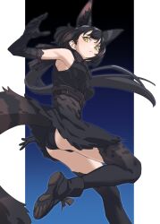 Rule 34 | 1girl, animal ear fluff, animal ears, ass, bare shoulders, belt, black background, black bow, black bowtie, black footwear, black gloves, black hair, black panties, black serval (kemono friends), black skirt, black thighhighs, blue background, boots, bow, bowtie, breasts, cat ears, cat girl, cat tail, commentary, elbow gloves, extra ears, foot out of frame, gloves, gradient background, high-waist skirt, highres, kemono friends, long sleeves, looking at viewer, low ponytail, medium breasts, multicolored background, panties, pantyshot, paw print soles, print gloves, print skirt, print thighhighs, serval print, shirt, simple background, skirt, sleeveless, sleeveless shirt, solo, tail, tanabe (fueisei), thighhighs, underwear, white background, yellow eyes