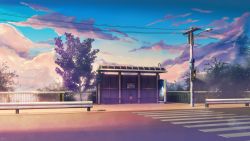 Rule 34 | absurdres, blue sky, bus stop, cloud, crosswalk, guard rail, highres, mb0sco, mixed-language commentary, no humans, original, outdoors, power lines, road, scenery, sky, street, sunset, traffic light, tree, utility pole