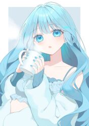 Rule 34 | 1girl, :o, bare shoulders, blue eyes, blue hair, blue nails, blush, camisole, collarbone, cup, frills, highres, holding, holding cup, jacket, long hair, long sleeves, looking at viewer, mug, nail polish, off shoulder, open clothes, open jacket, open mouth, original, parted lips, sleeves past wrists, solo, steam, upper body, yachishi orca