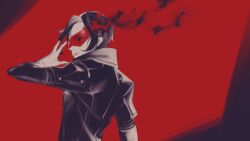 Rule 34 | 1boy, absurdres, black jacket, commentary, from side, gloves, hand up, highres, jacket, limited palette, long sleeves, looking ahead, male focus, parted lips, persona, persona 5, persona 5: the phantom x, red background, red gloves, red mask, red theme, short hair, simple background, solo, tenshuu93, upper body, wide shot, wonder (p5x)