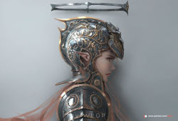 Rule 34 | 1girl, armor, backlighting, closed mouth, from side, ghostblade, grey background, halo, helmet, long hair, mechanical halo, patreon logo, patreon username, pauldrons, pink eyes, pink hair, pink lips, plate armor, pointy ears, profile, shoulder armor, solo, upper body, very long hair, wlop