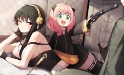 Rule 34 | 1boy, 2girls, anya (spy x family), black hair, black thighhighs, blonde hair, boots, breasts, ddangbi, family, finger on trigger, gold hairband, gun, hairband, handgun, high heel boots, high heels, highres, holding, holding gun, holding weapon, large breasts, lying, mother and daughter, multiple girls, on stomach, out of frame, pink hair, pistol, red eyes, spy x family, straddling, suppressor, thighhighs, twilight (spy x family), weapon, yor briar