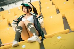 Rule 34 | 1girl, arena, asian, baseball bat, baseball cap, black hair, bra, breasts, chinese (nationality), chunmomo0127, cleavage, closed mouth, green baseball cap, green jacket, green socks, hat, jacket, looking to the side, medium breasts, outdoors, oversized clothes, oversized jacket, panties, pantyshot, photo (medium), real life, red lips, shoes, sitting, sneakers, socks, thighs, twintails, unbuttoned, unbuttoned jacket, underwear, white bra, white chair, white footwear, white panties, yellow chair